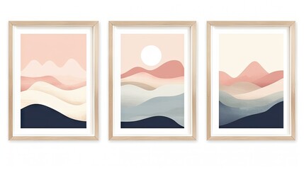 set of three vintage wooden frames with abstract mountain landscape and sun in the sky. Generative AI