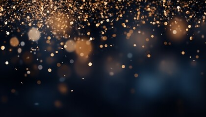 Christmas golden light shine particles bokeh on dark blue background with gold foil texture