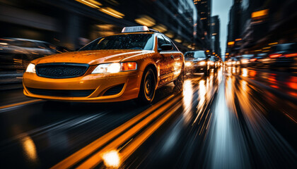Bustling street scene in downtown new york city with motion blur of yellow cabs  16k super quality
