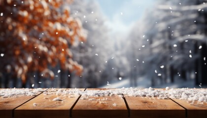 Snow covered wooden table with blurred forest background and fall foliage in park. super quality.