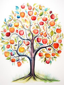 Whimsical Watercolor Apple Tree with Ripe and Inviting Fruits AI Generated