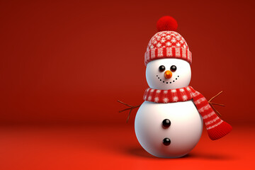 3D animated image of snowman on red background.
