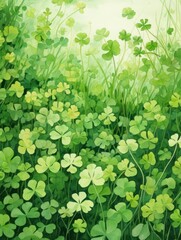 Hidden Fourleaf Clover in a Detailed Watercolor Clover Field AI Generated