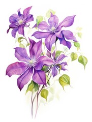 Fototapeta na wymiar Vibrantly Blooming Watercolor Clematis Vine Flowers AI Generated