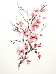 Watercolor Cherry Blossom Branch with Detailed Petals and Leaves AI Generated