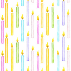 Seamless pattern colorful burning candles. Pastel rainbow colors. Happy birthday sketch. Hand drawn watercolor illustration isolated background. Printing on fabric, paper packaging for gifts