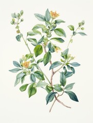 Delicate Watercolor Tea Plant Leaves and Flowers AI Generated