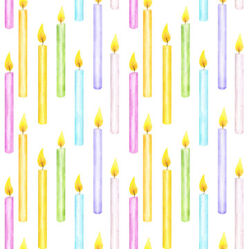 Seamless pattern colorful burning candles. Pastel rainbow colors. Happy birthday sketch. Hand drawn watercolor illustration isolated background. Printing on fabric, paper packaging for gifts