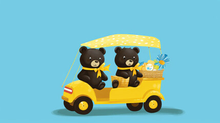 Two cute black bears in a yellow cart with a dotted canopy, carrying a baskets, evoke a cheerful holiday vibe
