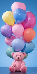 Obraz na płótnie Canvas Pink bear sitting with a bunch of glossy balloons in pastel colors, on a clear blue background