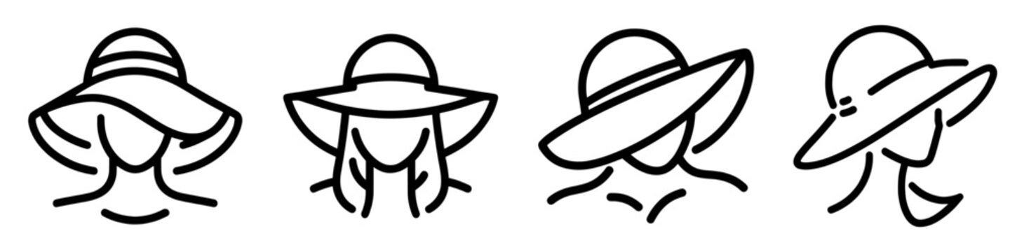 Woman in a sunhat. Set of minimalist linear images of a woman wearing a sunhat.