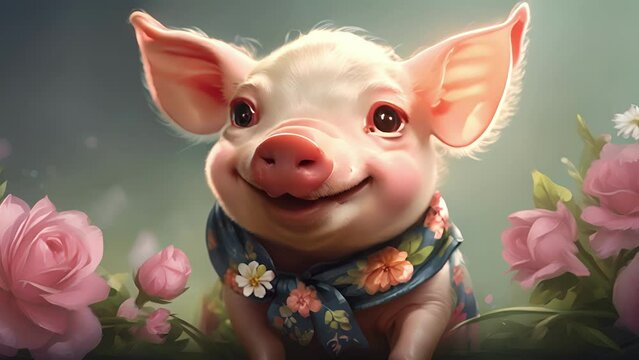 Closeup animation of a piglet with a big smile, wearing a e floral bow around its neck. .