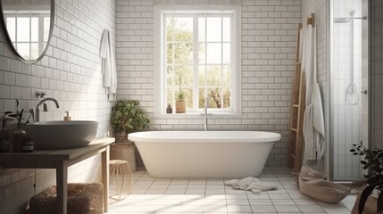 Fototapeta na wymiar White cozy bathroom interior, farmhouse style, 3d render. Decor concept. Real estate concept. Art concept. Bathroom concept. Stylist concept. 3d render concept