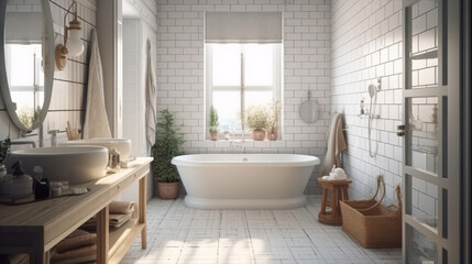 Fototapeta na wymiar White cozy bathroom interior, farmhouse style, 3d render. Decor concept. Real estate concept. Art concept. Bathroom concept. Stylist concept. 3d render concept