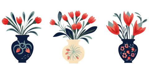 set of illustrations of flower vase elements