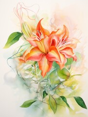 Intertwining Honeysuckle Flowers and Leaves in Abstract Watercolor AI Generated