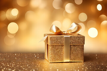 Christmas golden gift box on a shiny festive background. New Year present holiday concept