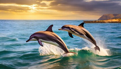 Playful dolphins jump out of the sea. Generated with AI