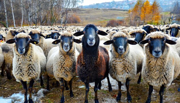 The black sheep in the herd of white sheep is an idiom representing someone who stands out or is different from the rest of a group. Generated with AI