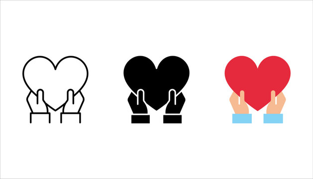 Love yourself thin line icon set, hands hug heart. Modern vector of selfcare and self acceptance. vector illustration on white background