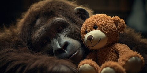a sleeping gorilla resting next to a teddy bear, generative AI