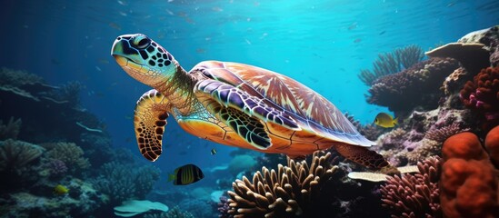 Naklejka na ściany i meble Hawksbill turtle in Bali's underwater world.