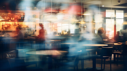 blurred cafe, Blurred restaurant background, Blur coffee shop, some people and chefs working, Movement blur, waiters working, people eating