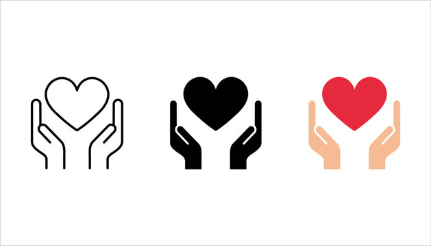 Heart in hand icons set. Hands holding heart icon set. Love icon. Health, medicine symbol. vector illustration on white background