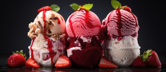 Ice cream trio with strawberries.