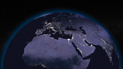 Earth globe by night focused on Europe and Middle East. Dark side of Earth with illuminated cities and stars of universe on background. Elements of this image furnished by NASA - obrazy, fototapety, plakaty
