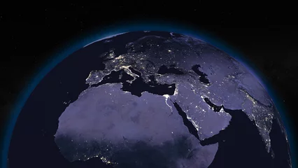 Fotobehang Earth globe by night focused on Europe and Middle East. Dark side of Earth with illuminated cities and stars of universe on background. Elements of this image furnished by NASA © pyty