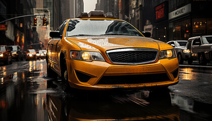 Bustling downtown new york city street with blurred yellow cabs  vibrant 16k high quality image