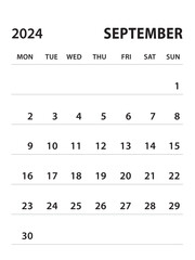 September 2024-Calendar 2024 template vector on white background, week start on monday, Desk calendar 2024 year, Wall calendar design, corporate planner template, clean style, stationery, organizer