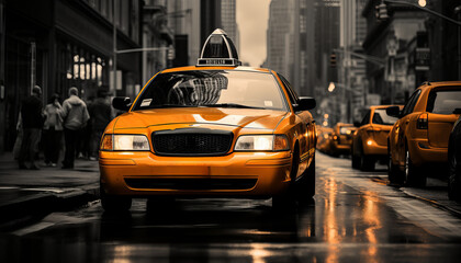 Vibrant yellow taxi cabs in nyc downtown street scene with motion blur and yellow dark white tones