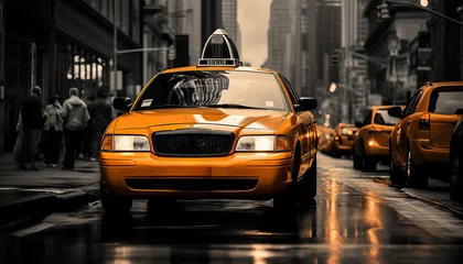 Foto op Canvas Vibrant yellow taxi cabs in nyc downtown street scene with motion blur and yellow dark white tones © Andrei