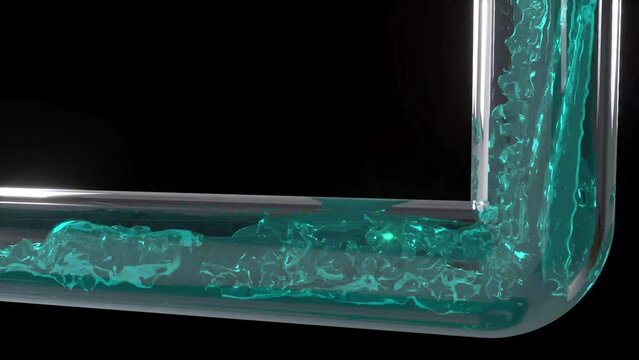 Turquoise color water flow glass tube on black 