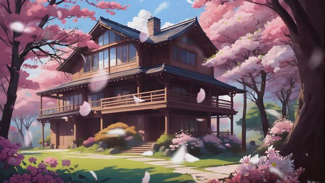 fantasy wooden house with cherry blossoms trees with falling flowers. Cartoon or Japanese anime illustration painting style. seamless looping 4K virtual video animation background