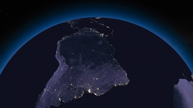 Earth globe by night focused on South America. Dark side of Earth with illuminated cities and stars of universe on background. Elements of this image furnished by NASA