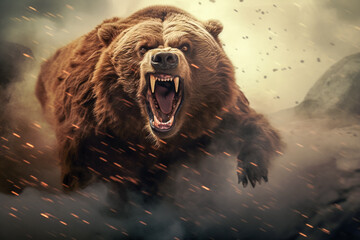 Image of a ferocious bear at the moment it threatens or attacks. Wildlife threat, dangerous grizzly, nature fight concept.