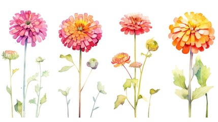 Set of Three Watercolor Zinnia Flowers in a Field AI Generated