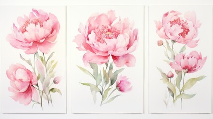 Set of Three Watercolor Peony Field Blooms AI Generated