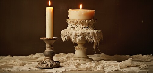 A vintage candle holder with dripping wax, set on an antique lace tablecloth