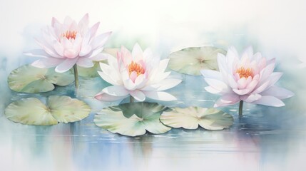Set of Three Soft and Serene Watercolor Water Lily AI Generated