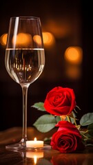A wine glass reflecting the light of a nearby candle, with a red rose in the background