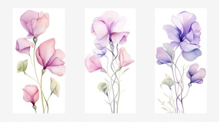 Set of Three Intricate Watercolor Sweet Pea Flowers AI Generated