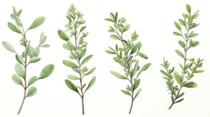 Set of Three Intricate Watercolor Thyme Sprig Leaves AI Generated