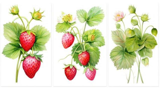 Set of Three Lush Watercolor Strawberry Plant Fruits AI Generated