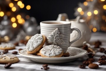 cup of coffee with Christmas cookies and spices