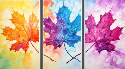 Set of Three Abstract Watercolor Maple Leaf Colors AI Generated