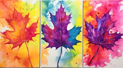 Set of Three Abstract Watercolor Maple Leaf Colors AI Generated